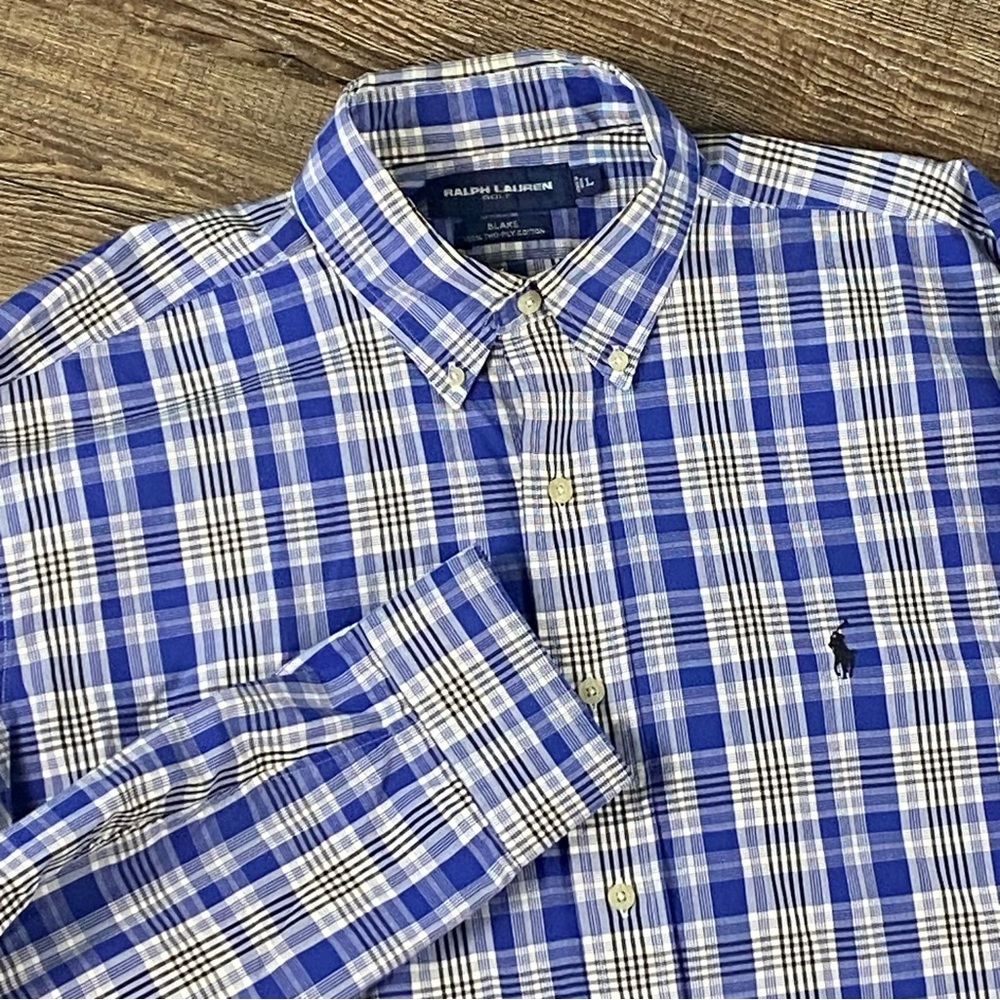 Ralph Lauren Golf Shirt L Madras Plaid Two Cotton Ply Blake Multicolor Button Up